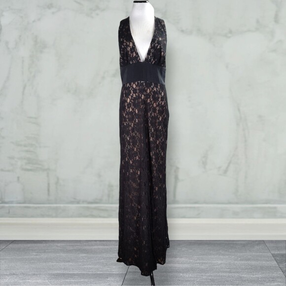 BCBGMaxazria Serafina Lace Overlay Formal Dress Size 12 Black Front Split Plunge - Picture 5 of 16
